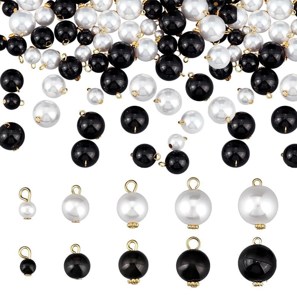 6752 100pcs Pearl Beads Charms 5 Sizes White Black Faux Pearls Pendant